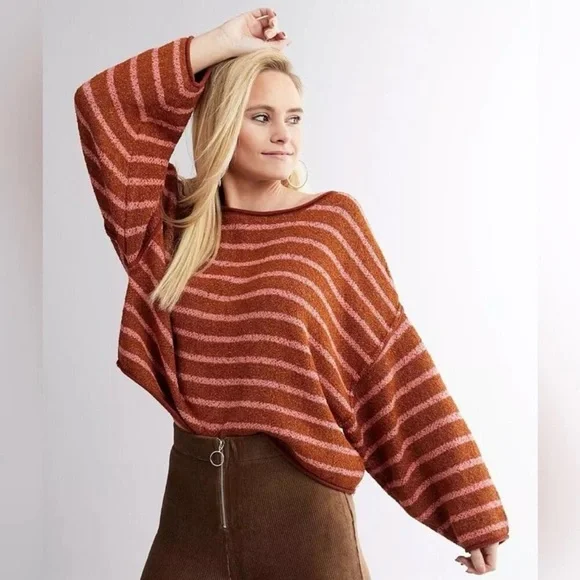 Free People Women's Sweater Bardot Terry Cotton
Blend Striped Orange Pink Small - Picture 3 of 15